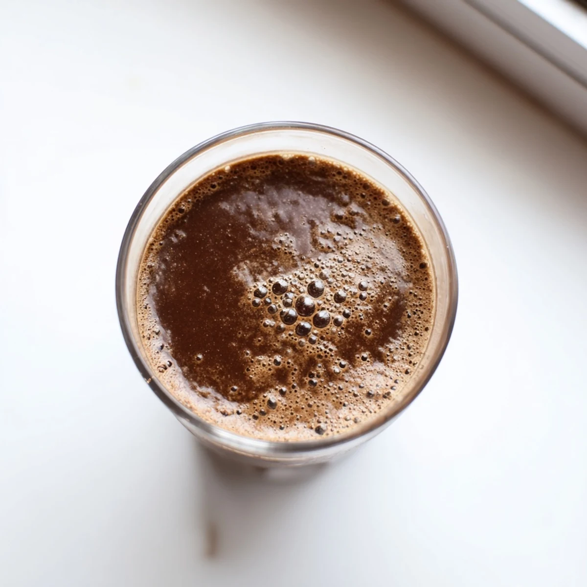 Frosty glass of rich raw chocolate banana shake garnished with coconut flakes