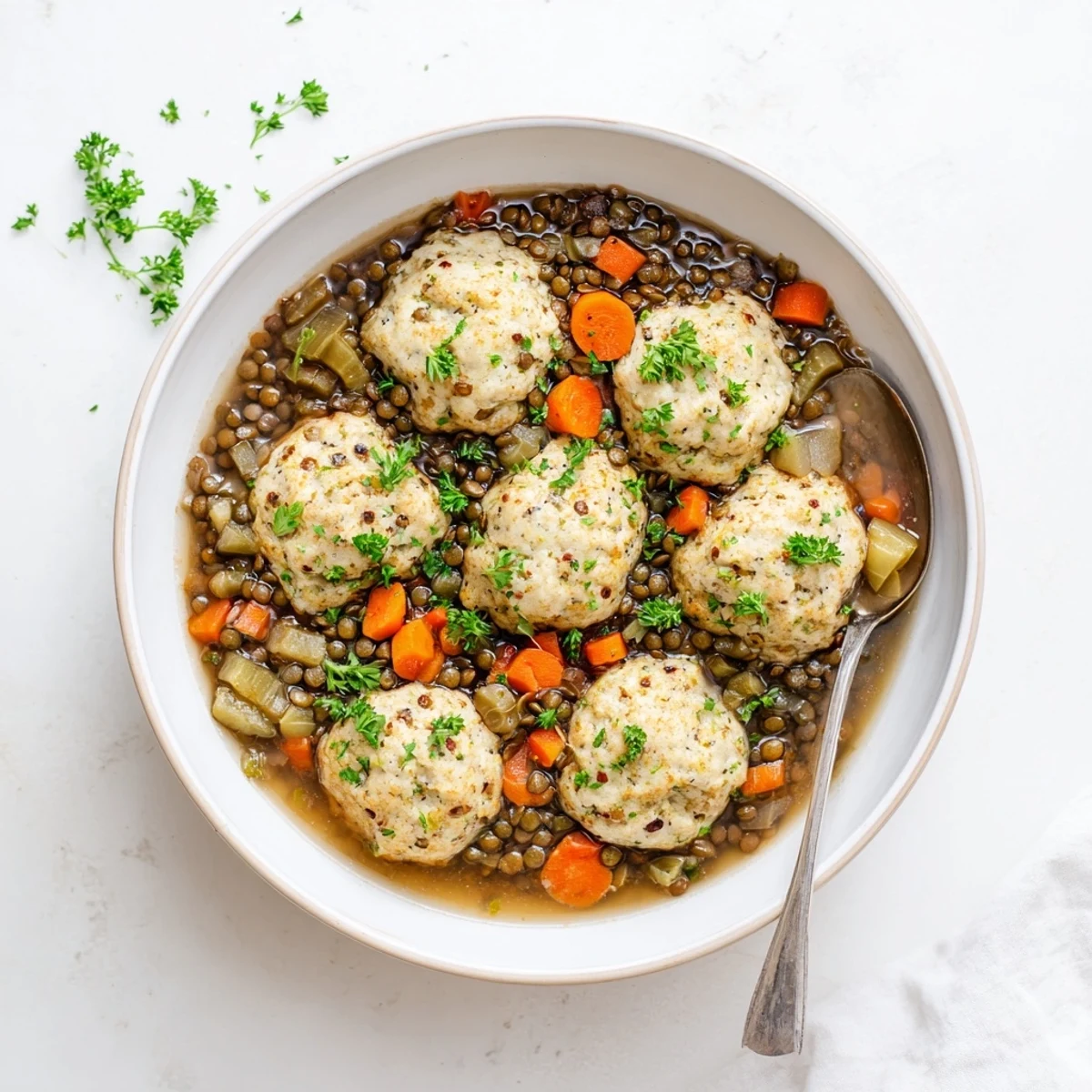Hearty lentils with dumplings featuring pillowy dough biscuits resting on a rich vegetable-filled broth
