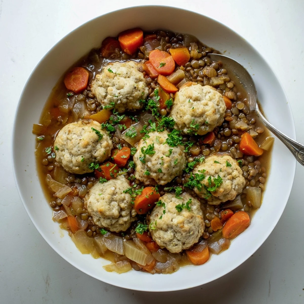 Golden brown fluffy dumplings steaming atop savory lentil stew with carrots and celery in a rustic pot