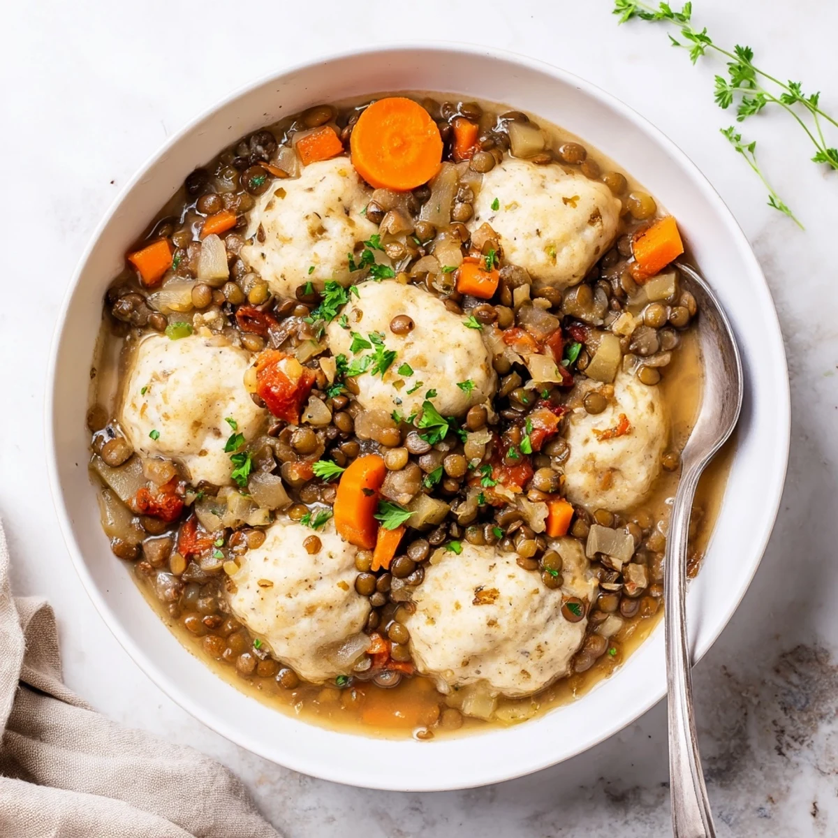 Comforting bowl of lentils with dumplings garnished with fresh parsley, served piping hot for a cozy meal