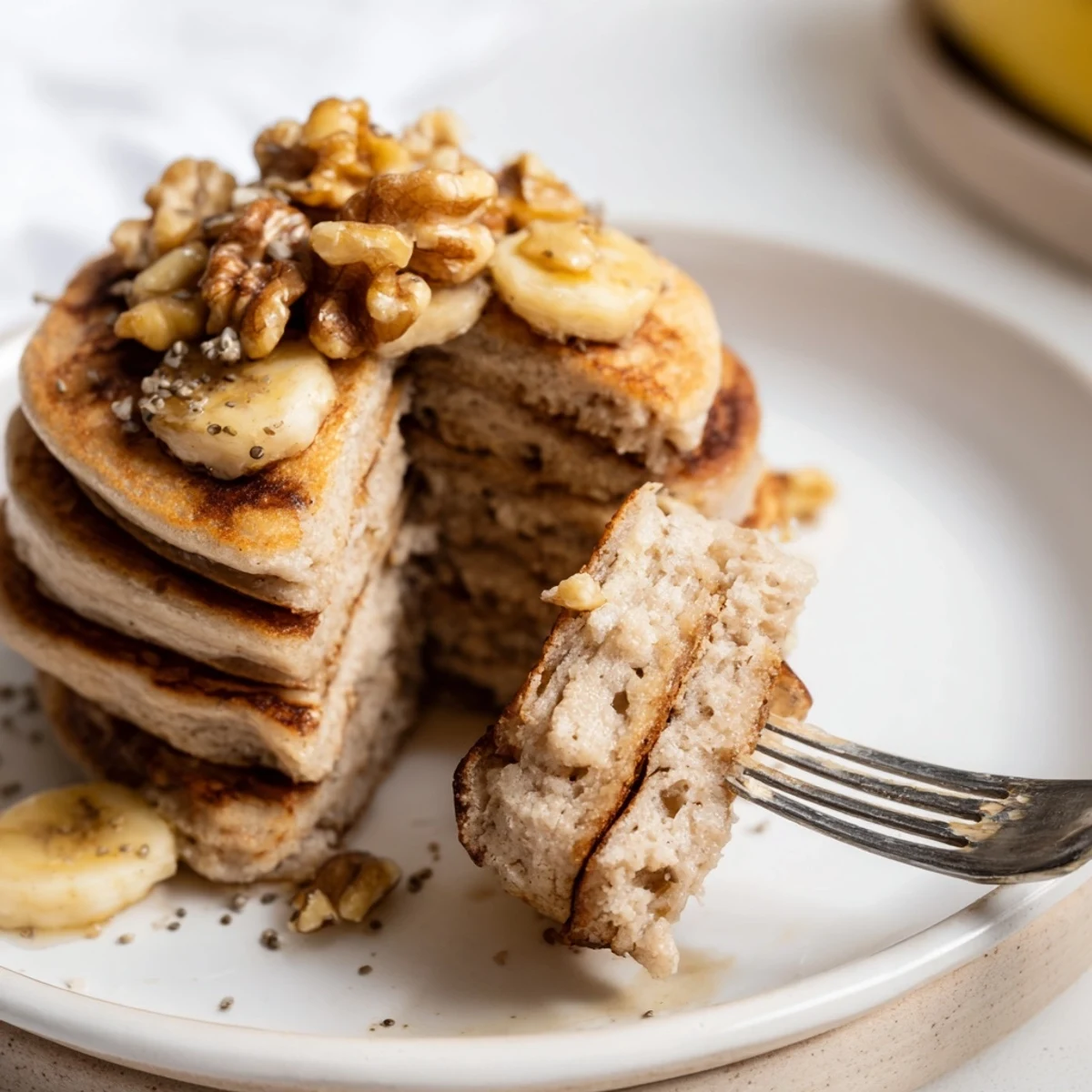 Healthy breakfast plate featuring protein banana pancakes dusted with cinnamon and walnuts