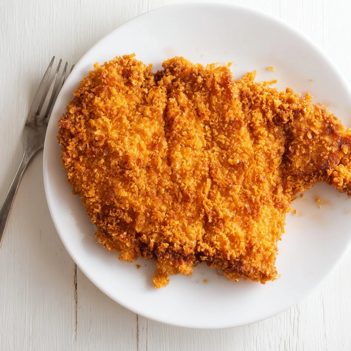 Golden fried chicken breast with crispy breadcrumb coating on white plate
