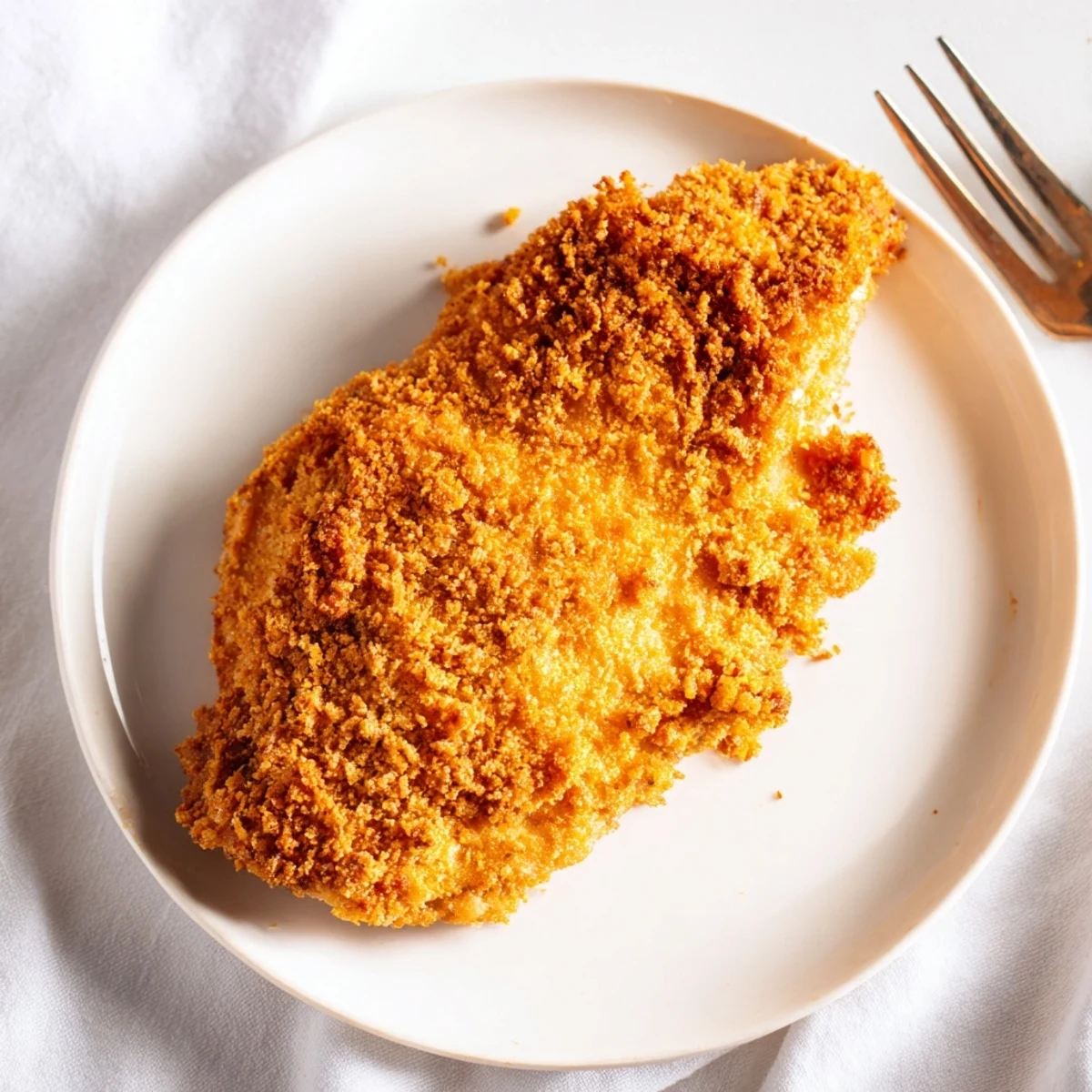 Homemade fried chicken breast sliced to reveal golden crust and moist interior