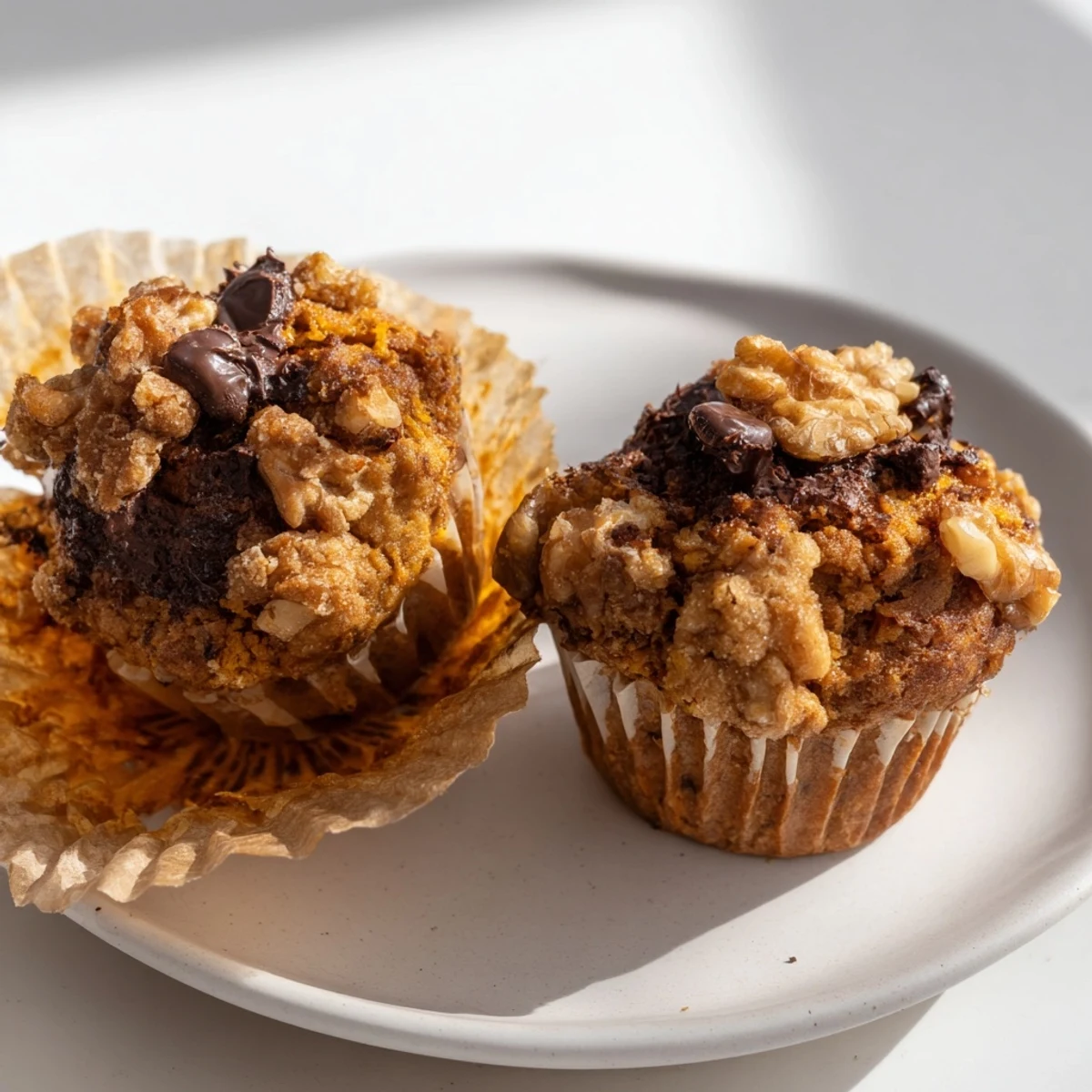 Golden butternut squash banana muffins topped with chopped walnuts on a wire cooling rack