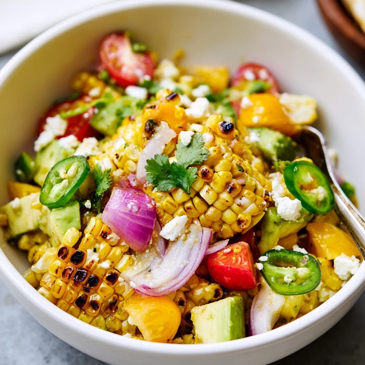 Fresh tropical charred corn and avocado salad with diced pineapple, mango, and vibrant vegetables in a serving bowl