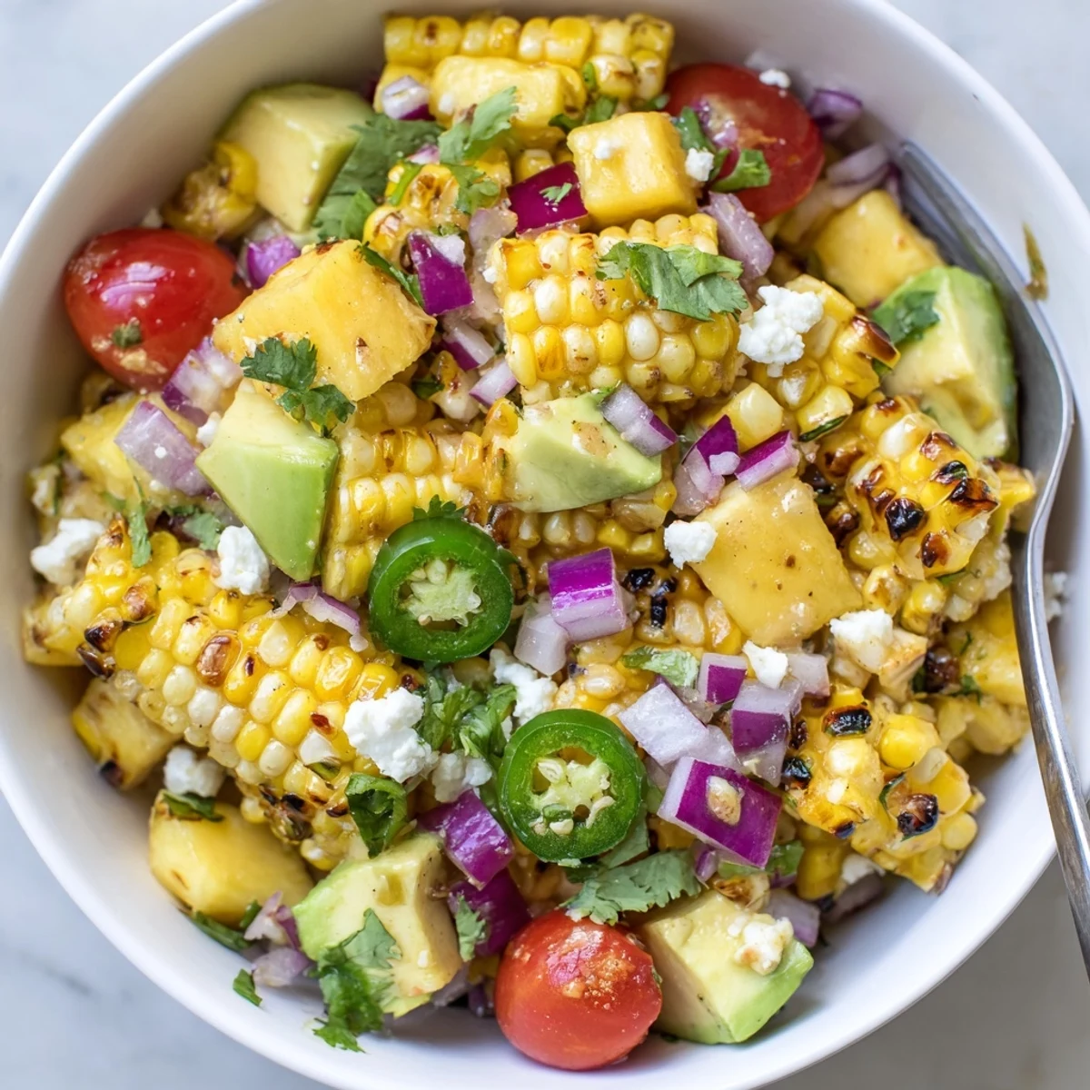 Colorful summer salad featuring grilled corn kernels, creamy avocado chunks, juicy tomatoes, and zesty lime dressing