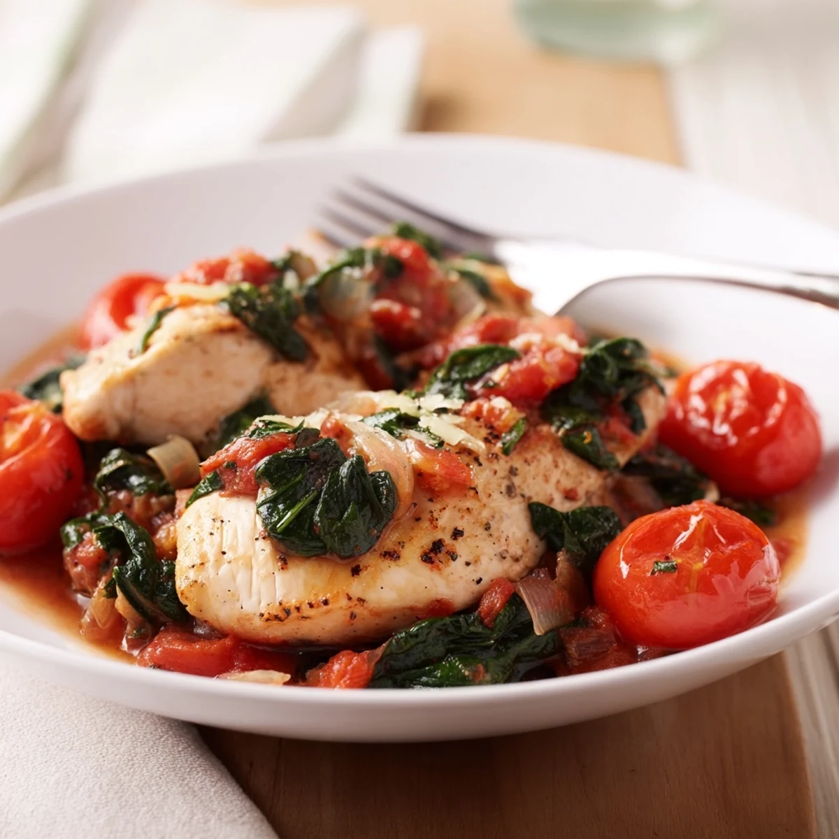 Golden pan-seared chicken breasts nestled in a vibrant tomato spinach skillet with melted Parmesan