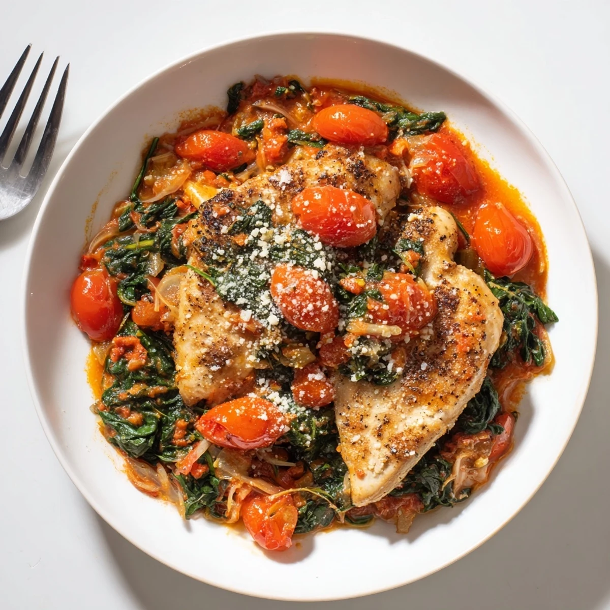 Wholesome Tomato Spinach Chicken dish plated with colorful vegetables and golden brown chicken pieces