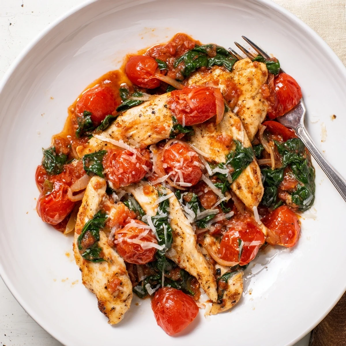 Tender chicken simmered with juicy cherry tomatoes and fresh wilted spinach in a savory sauce