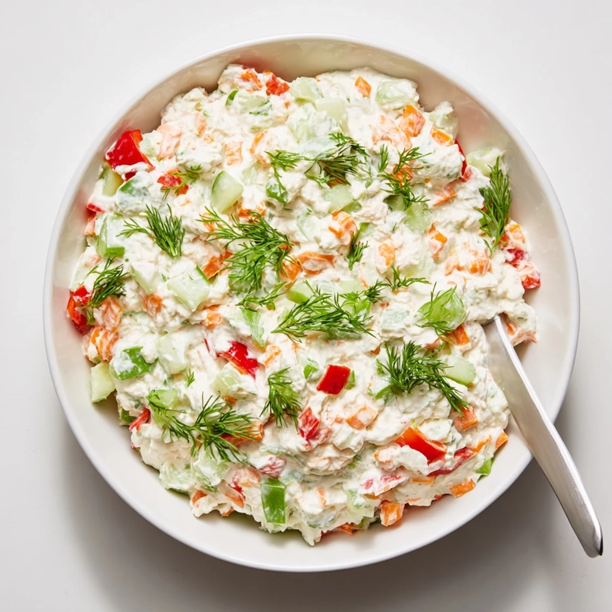 Creamy garden vegetable spread topped with colorful diced peppers and fresh herbs on a serving plate