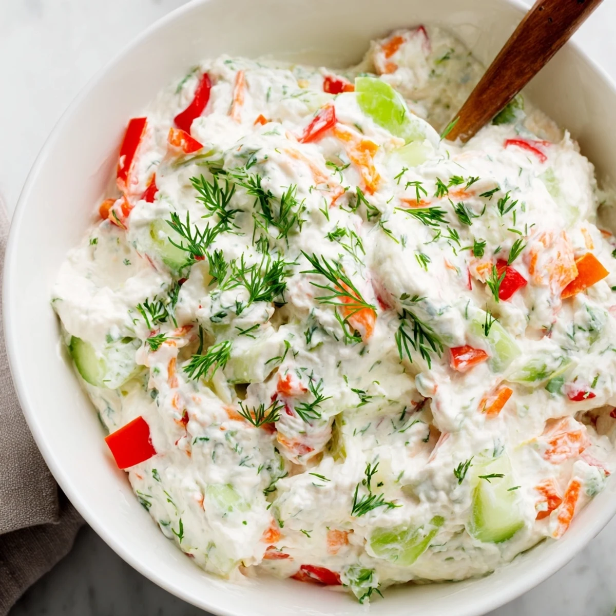 Garden vegetable spread served in a white bowl with crisp crackers for dipping and snacking