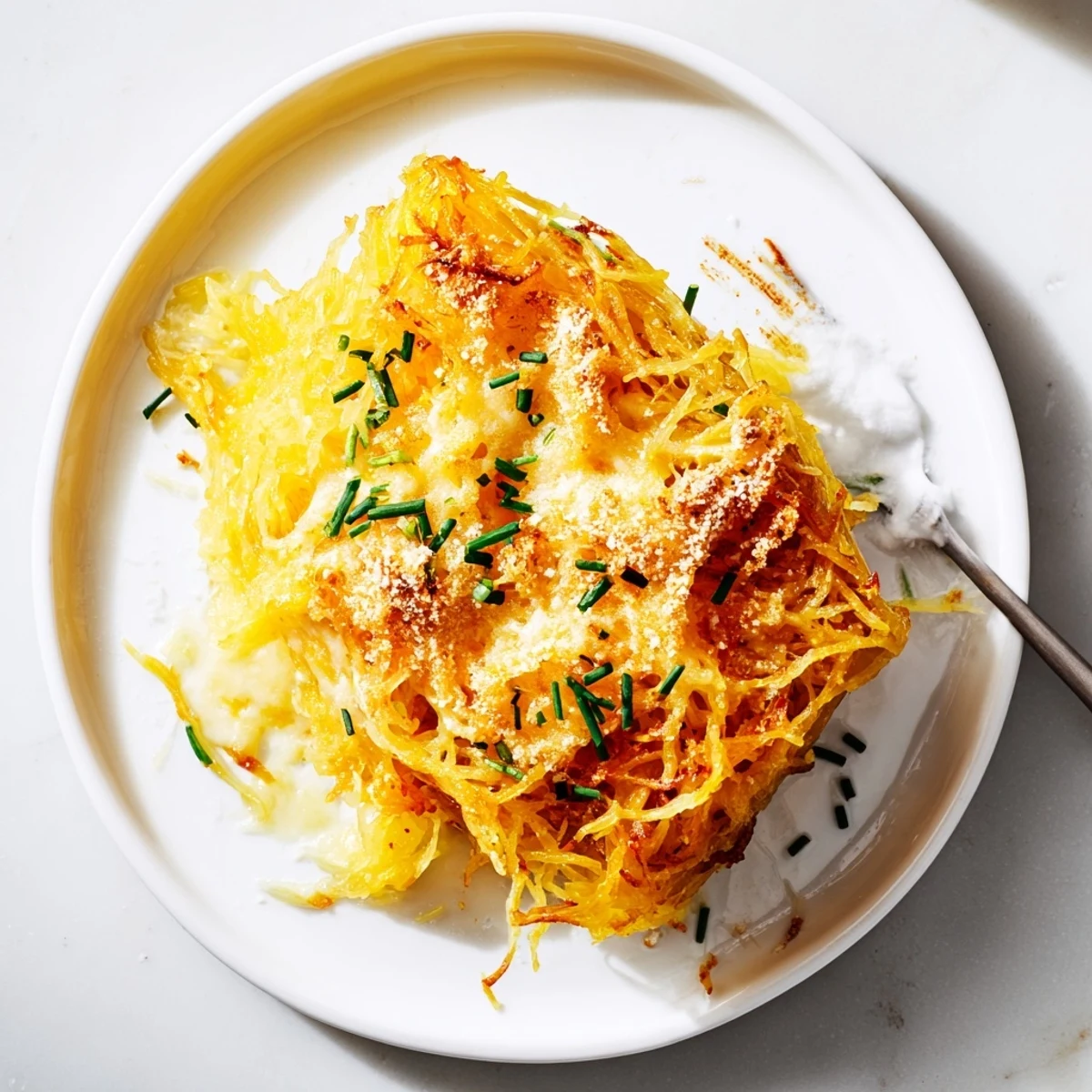 Roasted spaghetti squash strands tossed in rich cheese sauce bubbling in baking dish