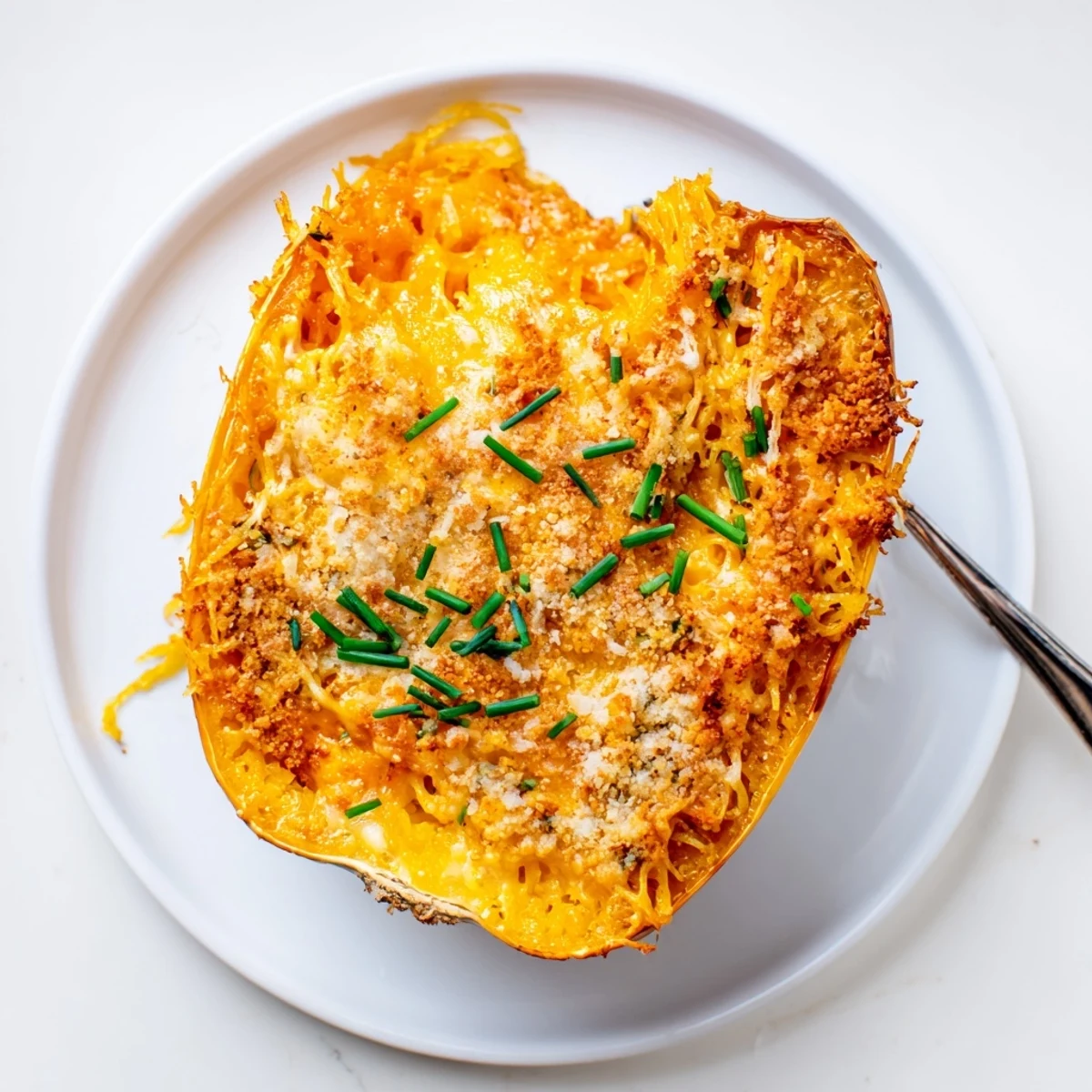 Creamy spaghetti squash mac cheese with golden cheddar sauce andbreadcrumb topping