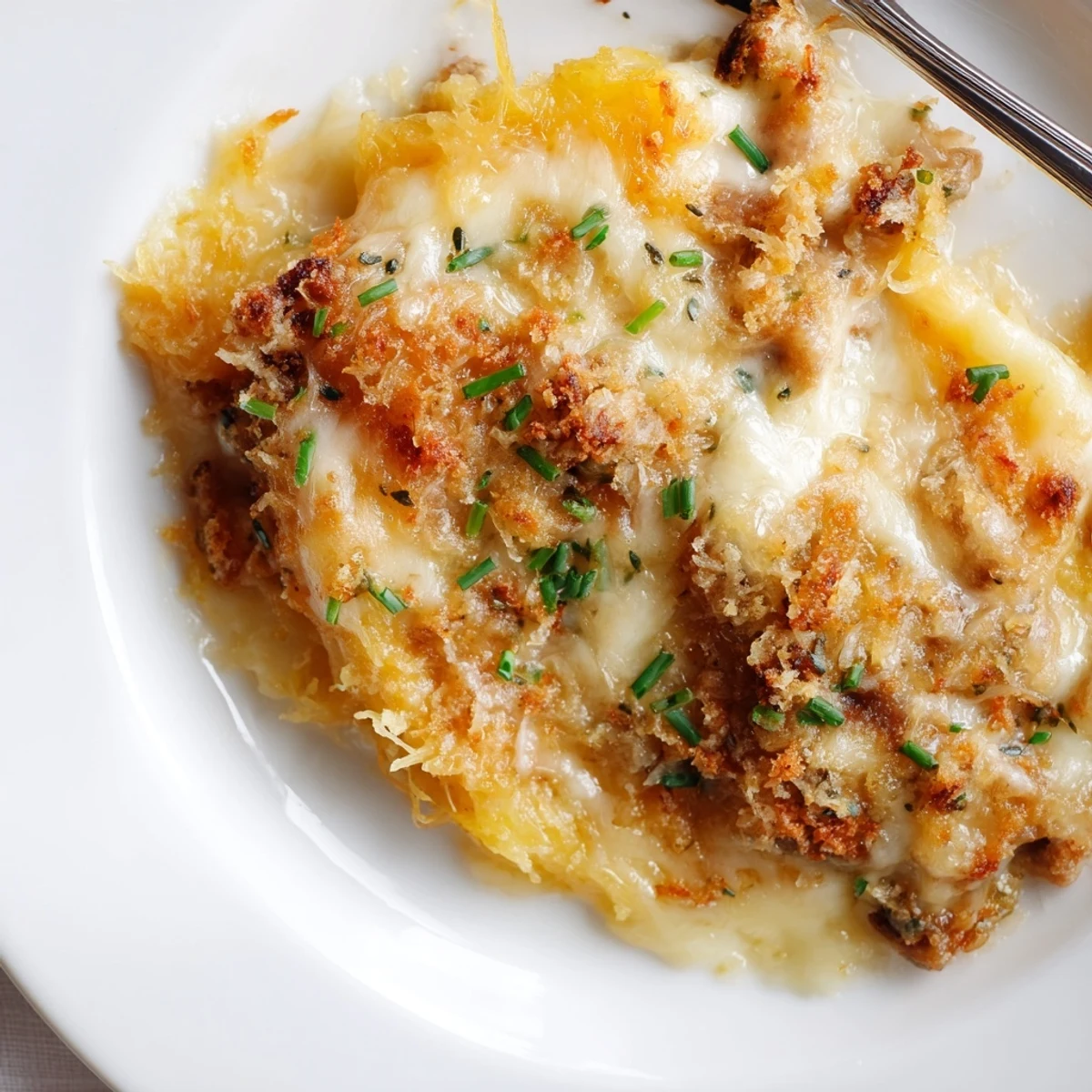 Gluten-free spaghetti squash mac cheese garnished with fresh chives on white plate