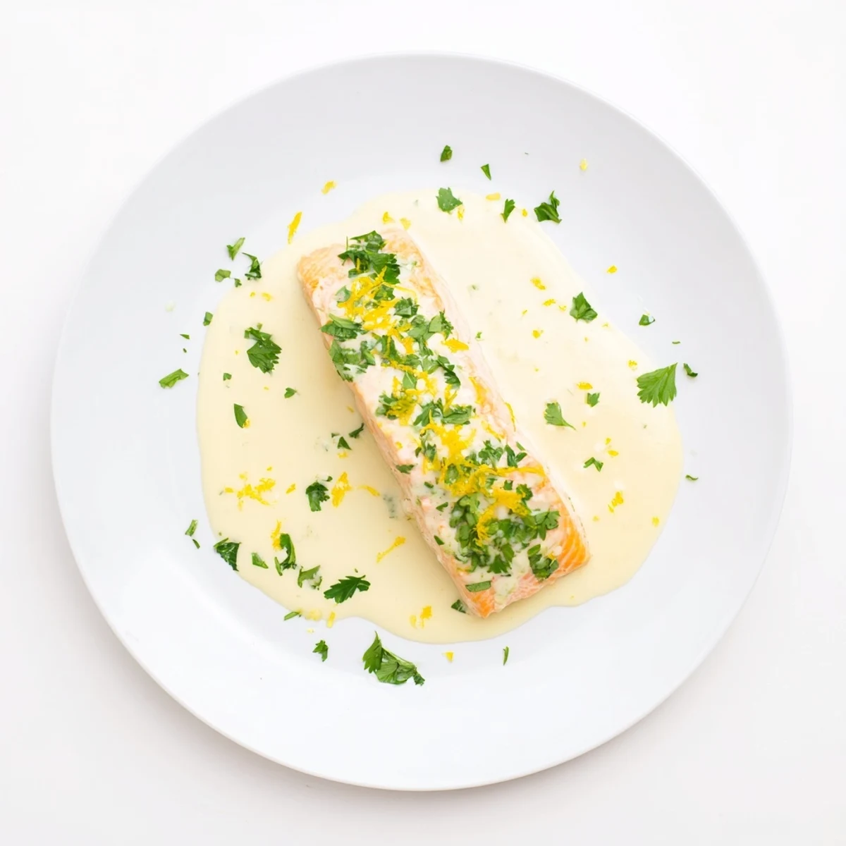 Golden pan-seared salmon fillets drizzled with velvety lemon cream sauce and fresh parsley