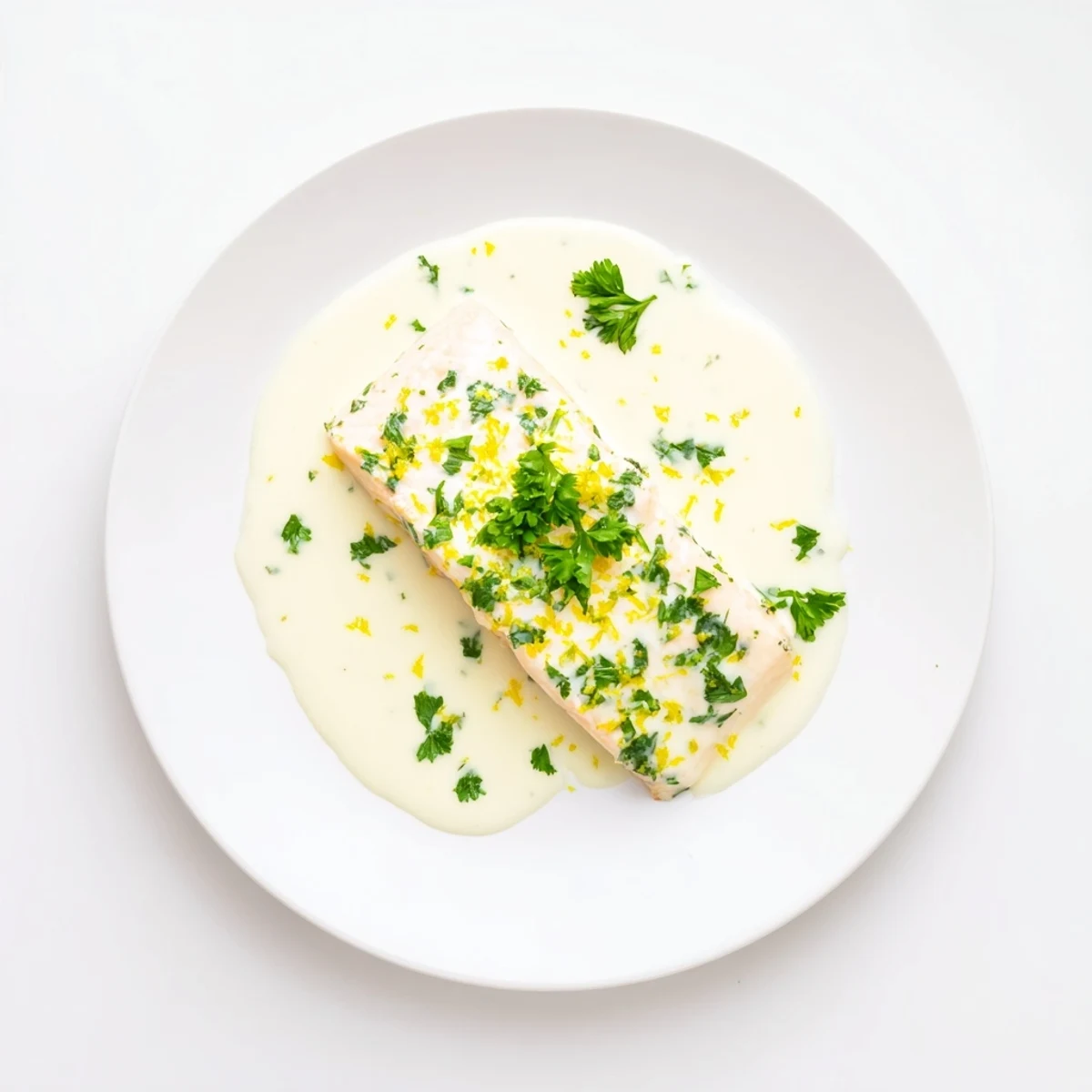 Creamy lemon sauce coats tender salmon fillets garnished with parsley and lemon zest