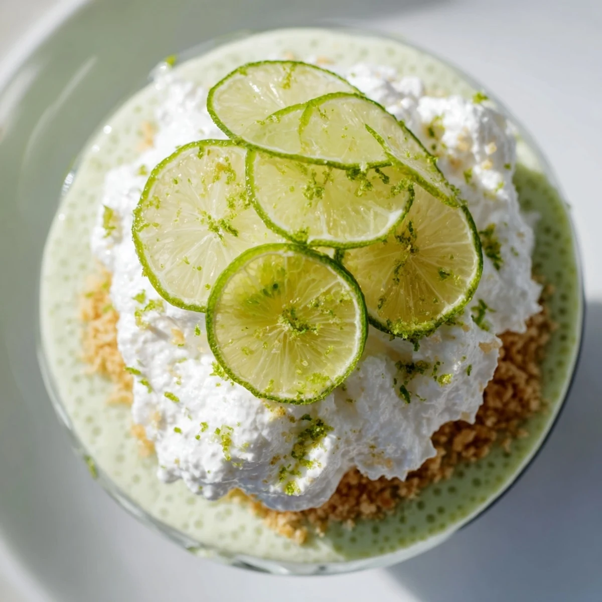 Green key lime chia pudding in glass jars garnished with graham cracker crumbs