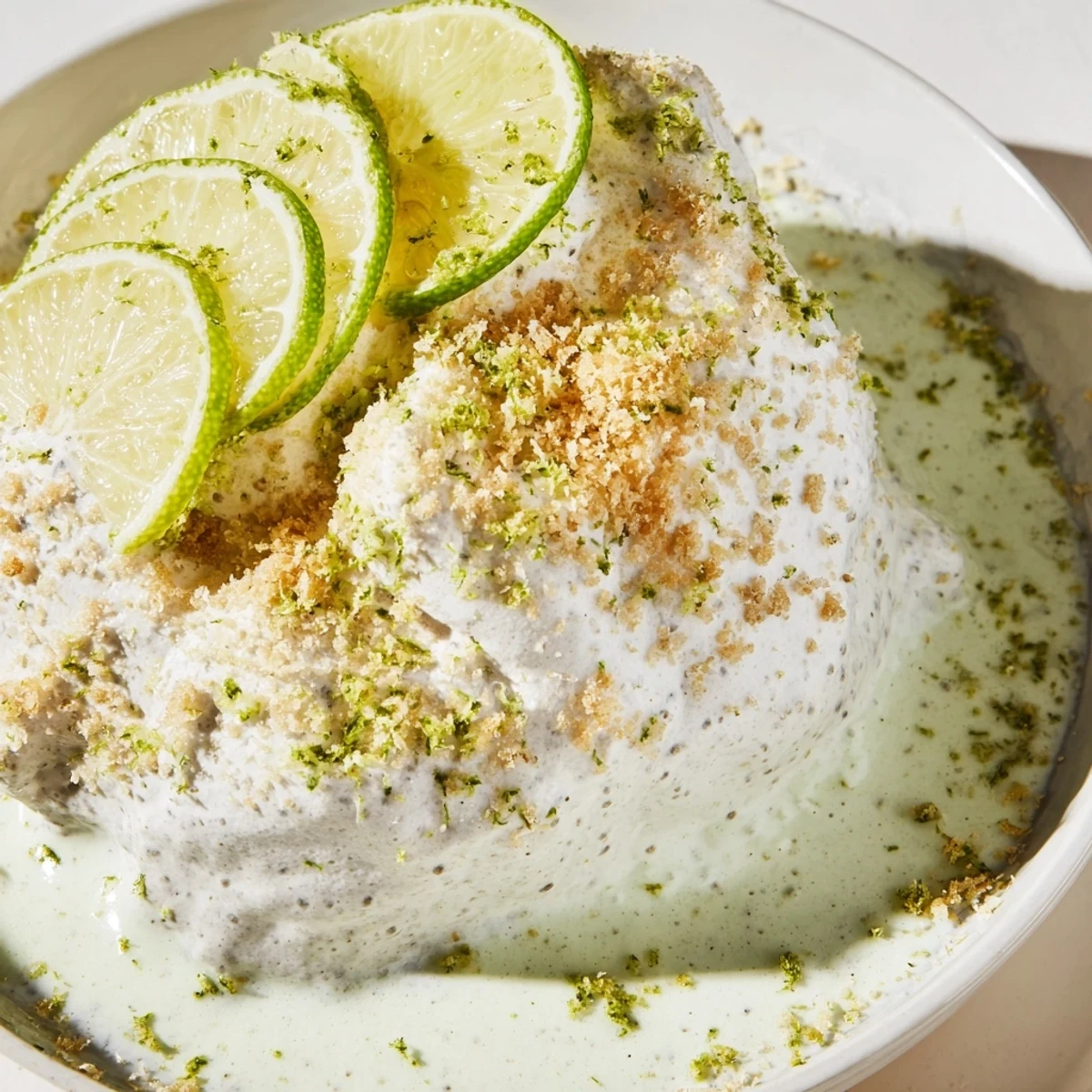 Zesty key lime chia pudding layered with lime slices and fluffy coconut cream