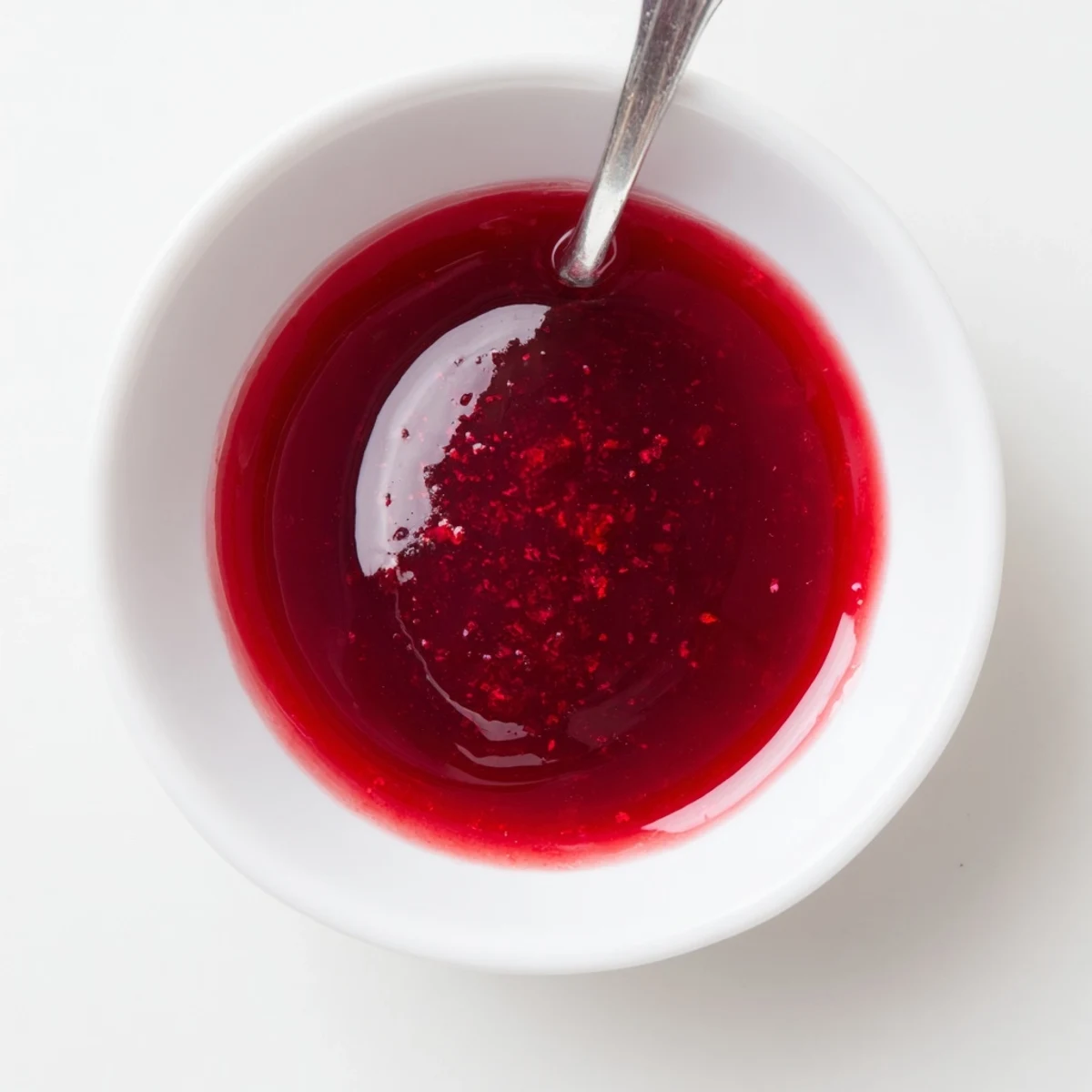 Glass jar of deep red cranberry syrup drizzling over fluffy stack of golden pancakes