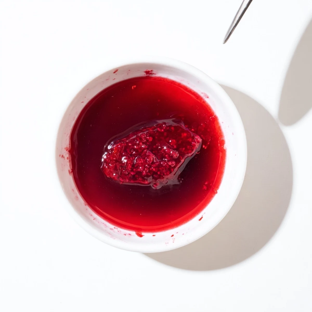 Pouring rich tangy cranberry syrup from glass bottle over crisp Belgian waffle with fresh berries