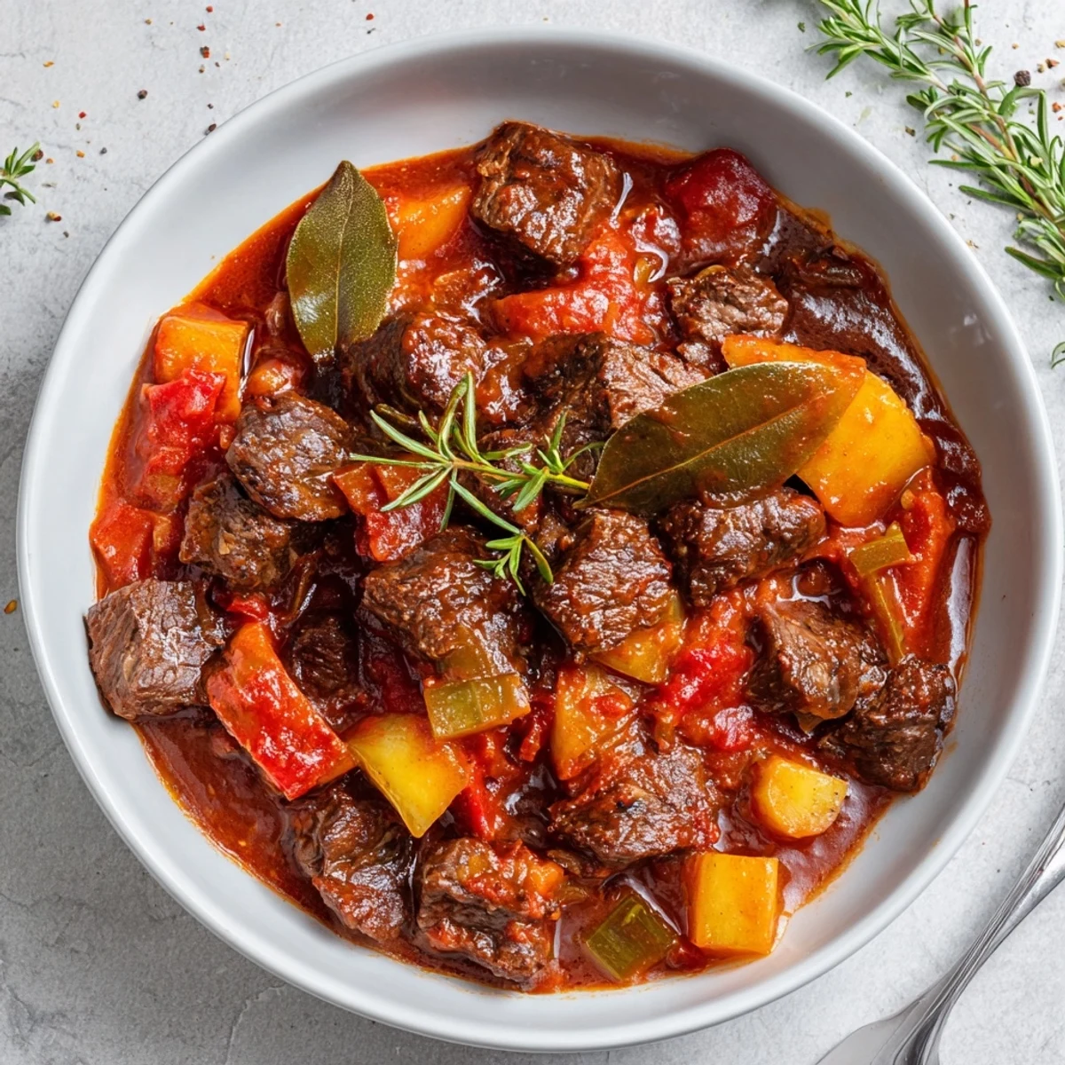 Spezzatino Di Manzo Italian Beef Stew steaming in a rustic pot, herbs.