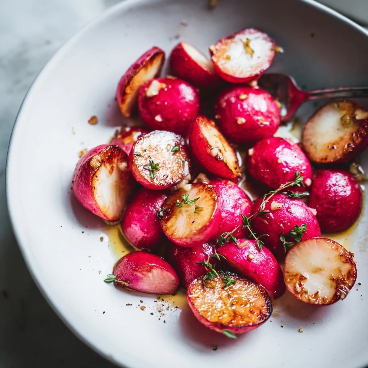 Garlic Roasted Radishes with golden edges, herb-scented, crisp-tender and buttery.