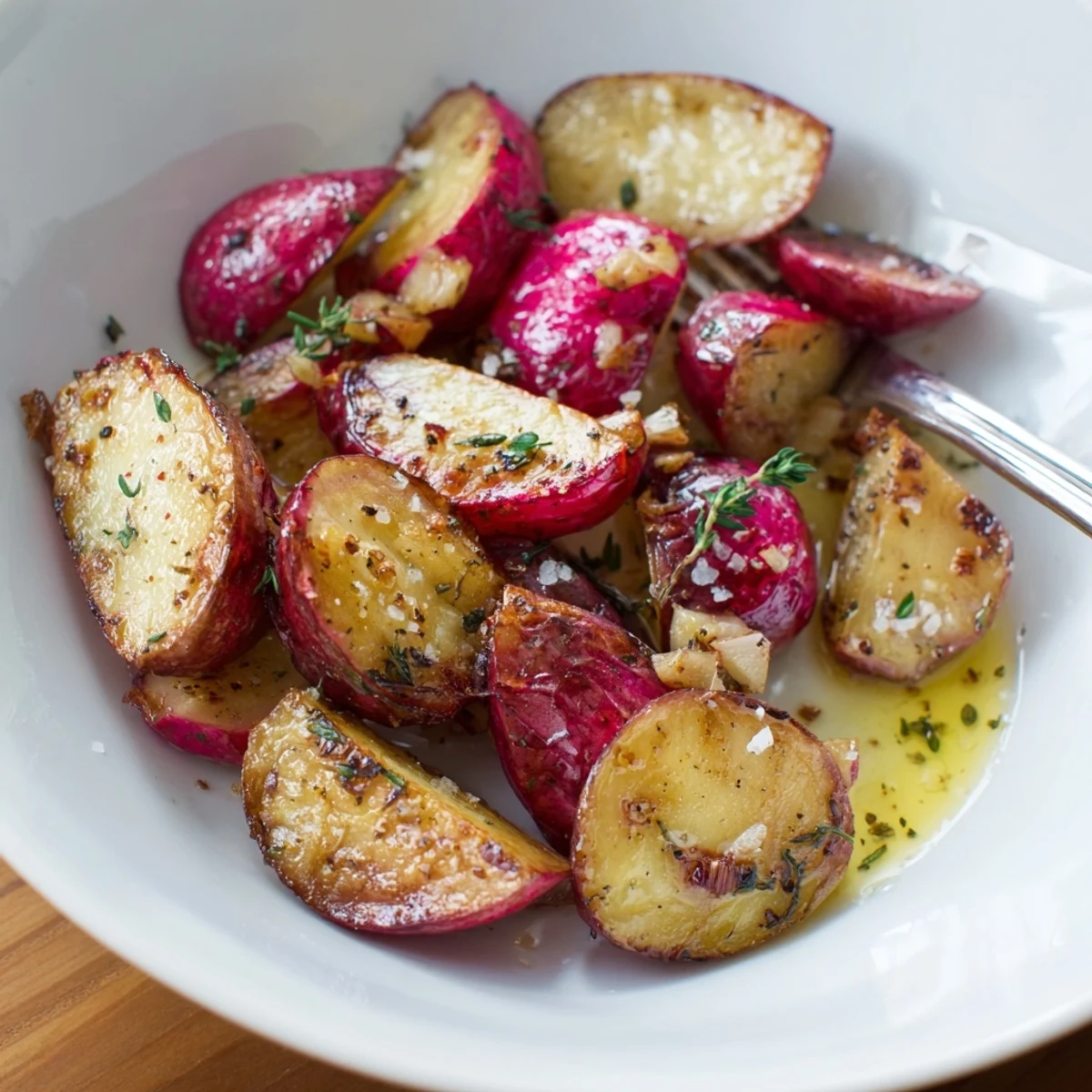 Warm Garlic Roasted Radishes nestled on a platter, lightly caramelized and savory.