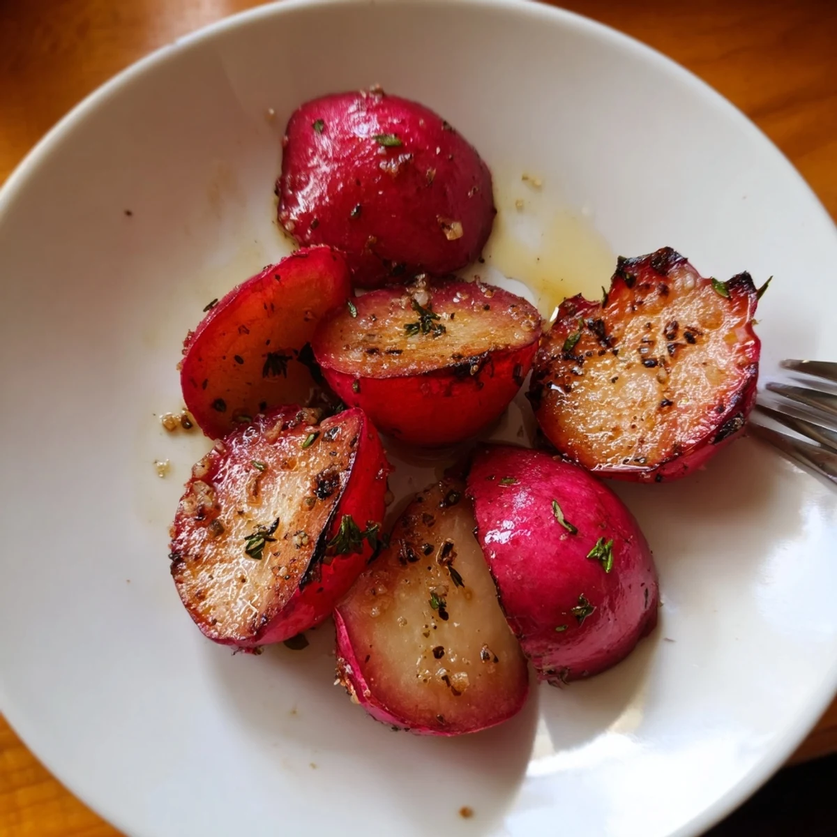 Serve Garlic Roasted Radishes hot alongside roasted chicken for bright, peppery contrast.