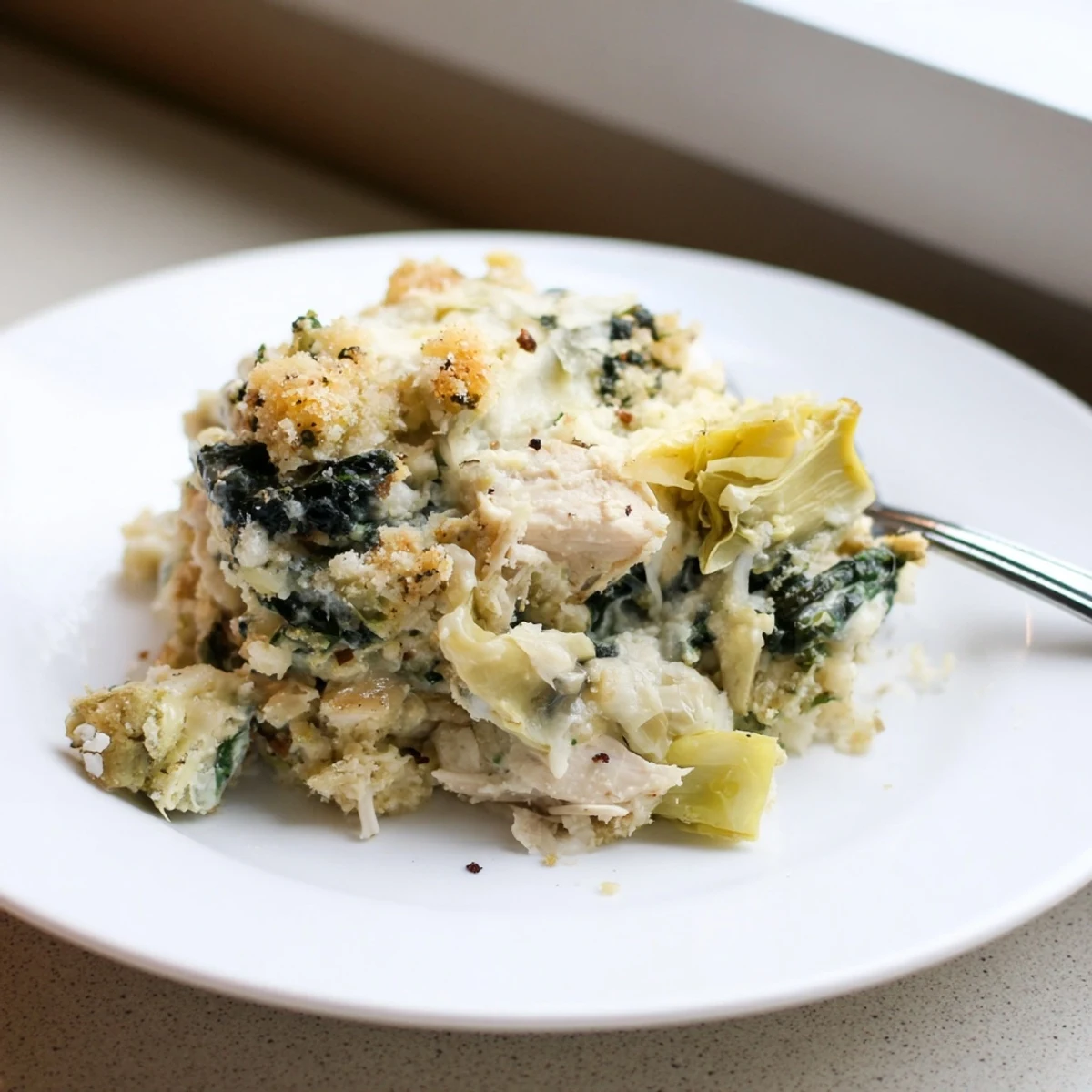 Bubbly spinach artichoke chicken casserole with golden breadcrumb crust, served hot