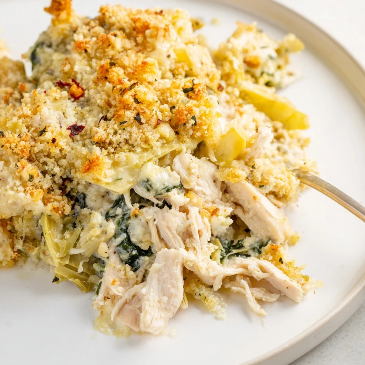 Hearty Spinach Artichoke Chicken Casserole spoonful showcasing melty mozzarella and herbs