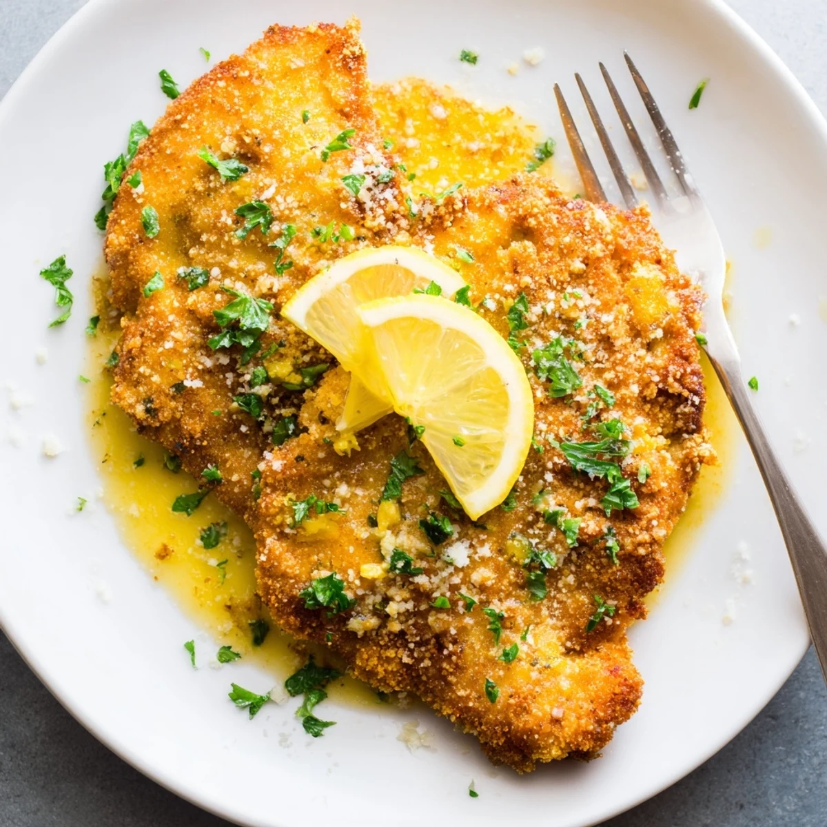Lemon Chicken Romano served atop angel hair pasta with bright lemon sauce