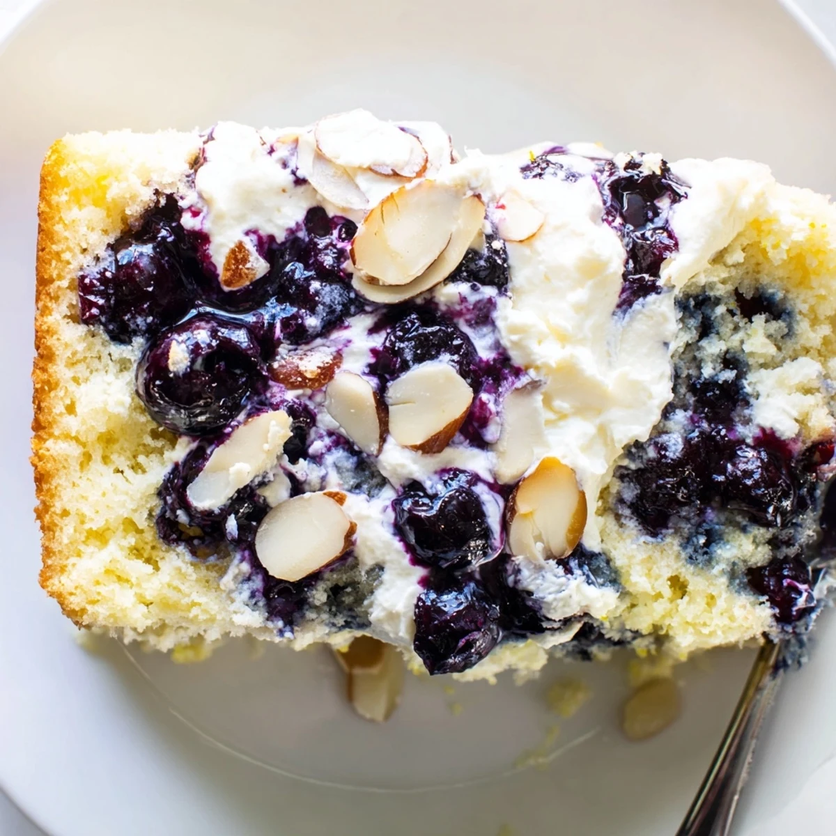 Moist Lemon Blueberry Poke Cake With Almond Topping topped with toasted almonds
