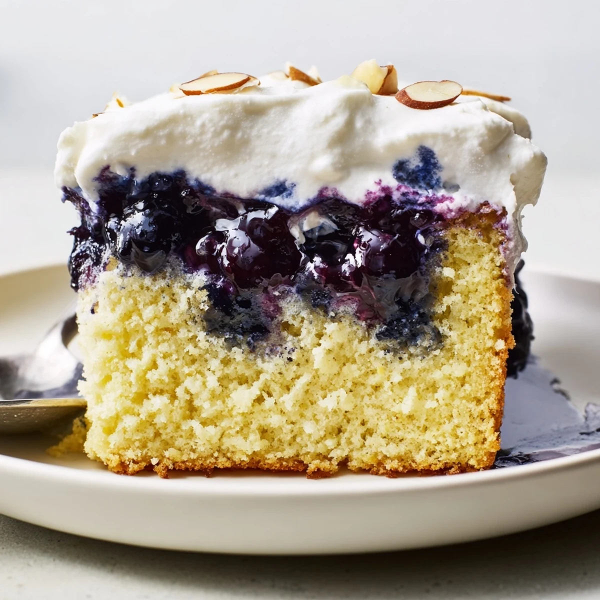 Zesty slice of Lemon Blueberry Poke Cake With Almond Topping beside teacup