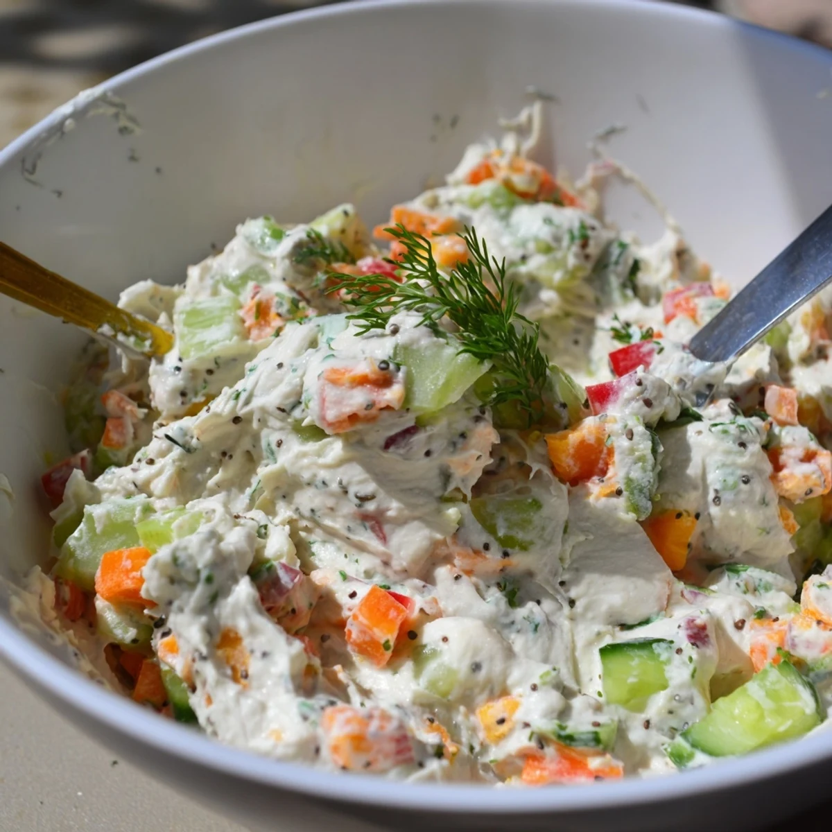 Creamy Garden Vegetable Spread Recipe on crackers, bright diced cucumbers and peppers.