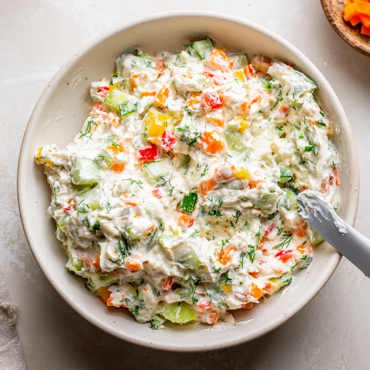 A tangy, herbed Garden Vegetable Spread Recipe folded into a smooth creamy base.