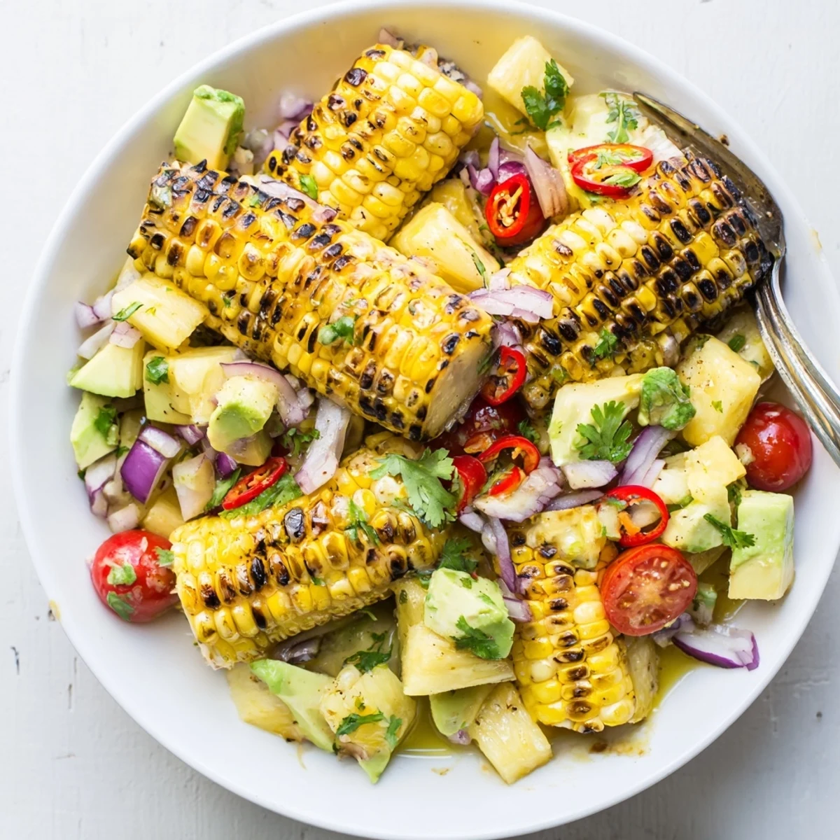 Tropical Charred Corn And Avocado Salad in a wooden bowl, bright citrus.