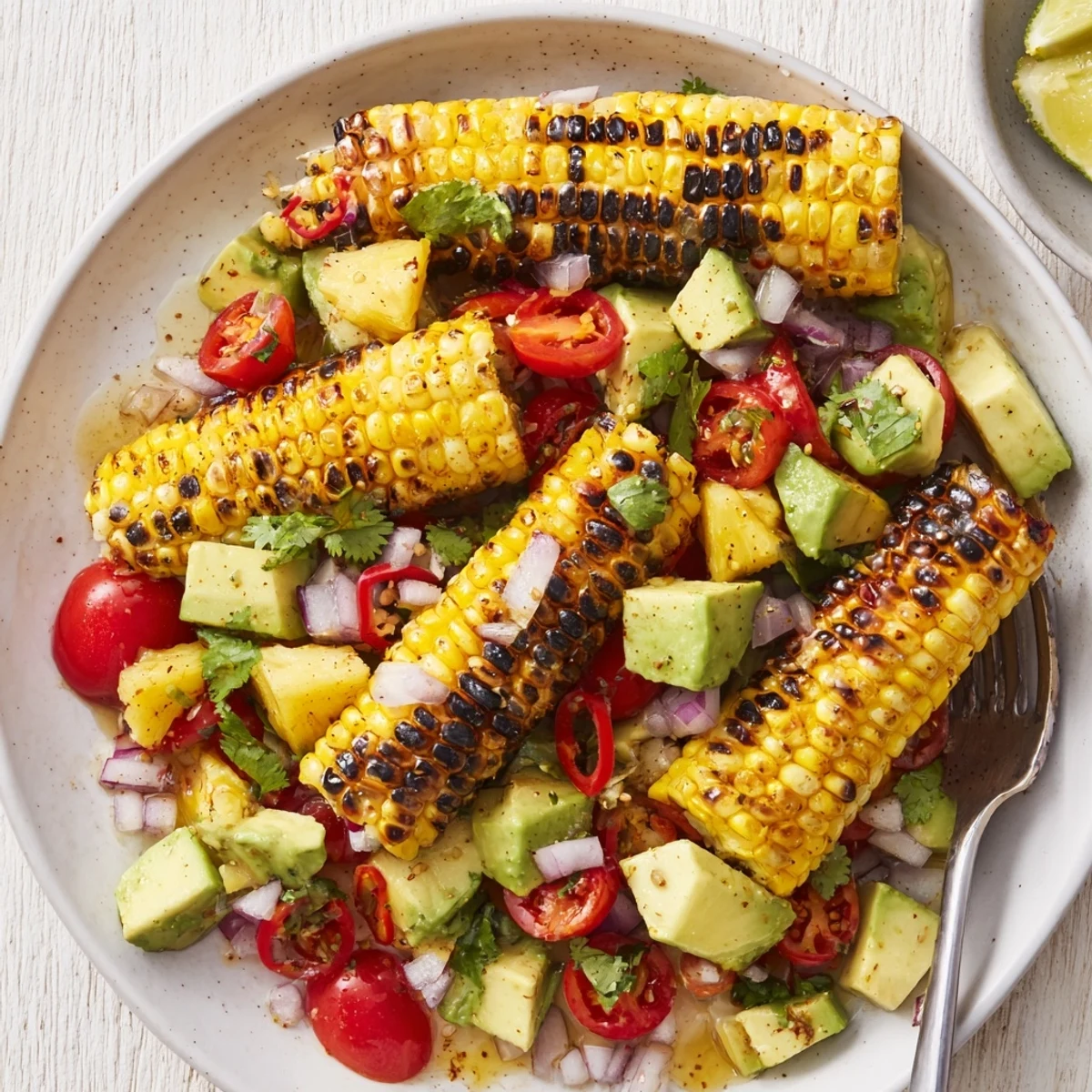 Tropical Charred Corn And Avocado Salad with smoky kernels, creamy texture, cilantro.