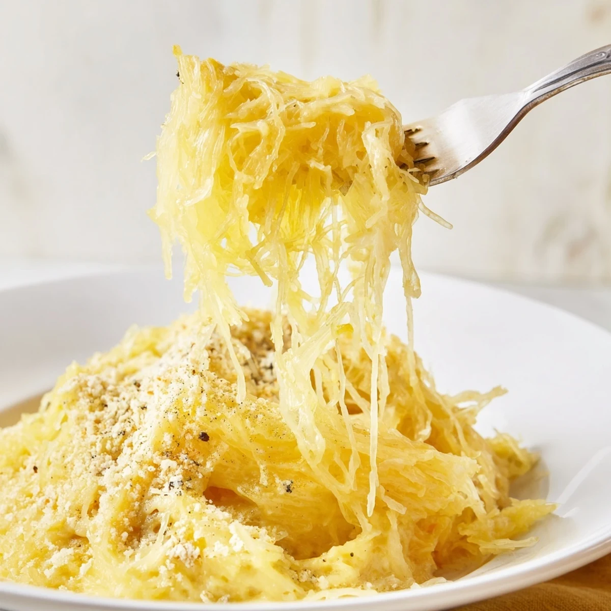 Creamy Spaghetti Squash Mac Cheese in a baking dish, golden breadcrumb topping.