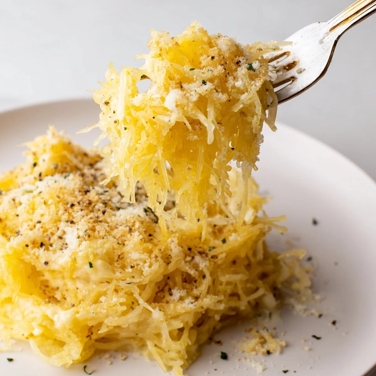 Roasted Spaghetti Squash Mac Cheese strands tossed in cheesy sauce, served warm.
