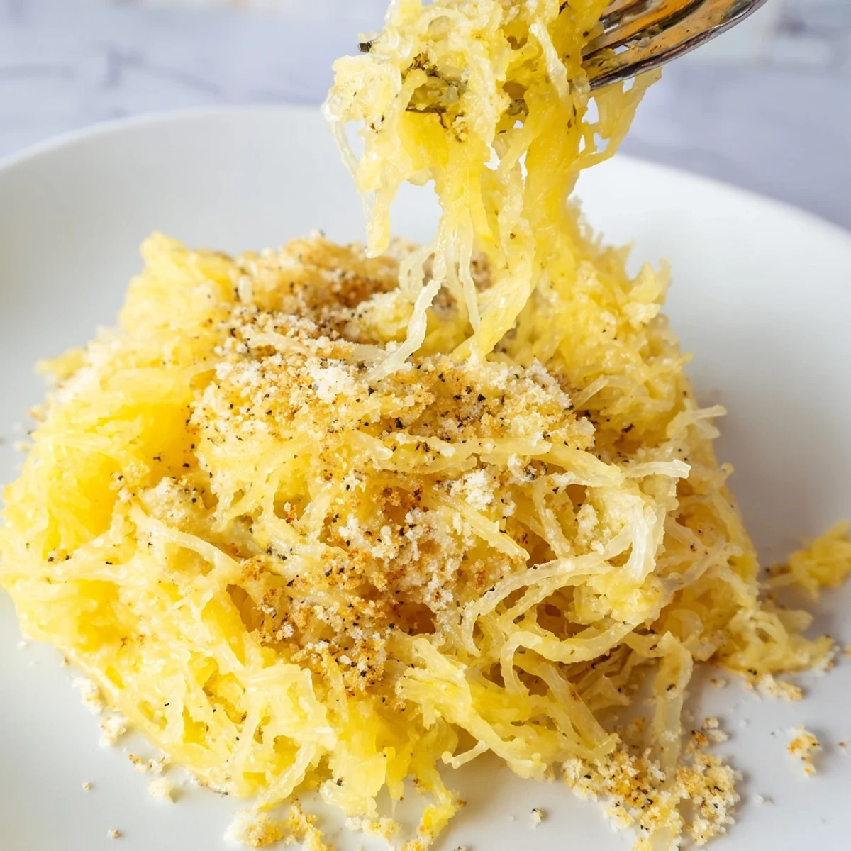 Light Spaghetti Squash Mac Cheese with melted cheddar, sprinkle of parsley.