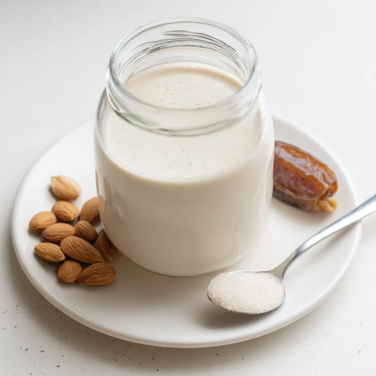 Creamy almond milk poured into glass jar, chilled, hint of vanilla.