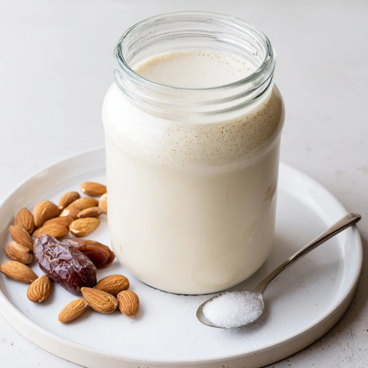 Fresh homemade almond milk in measuring jug beside blender and nut milk bag.