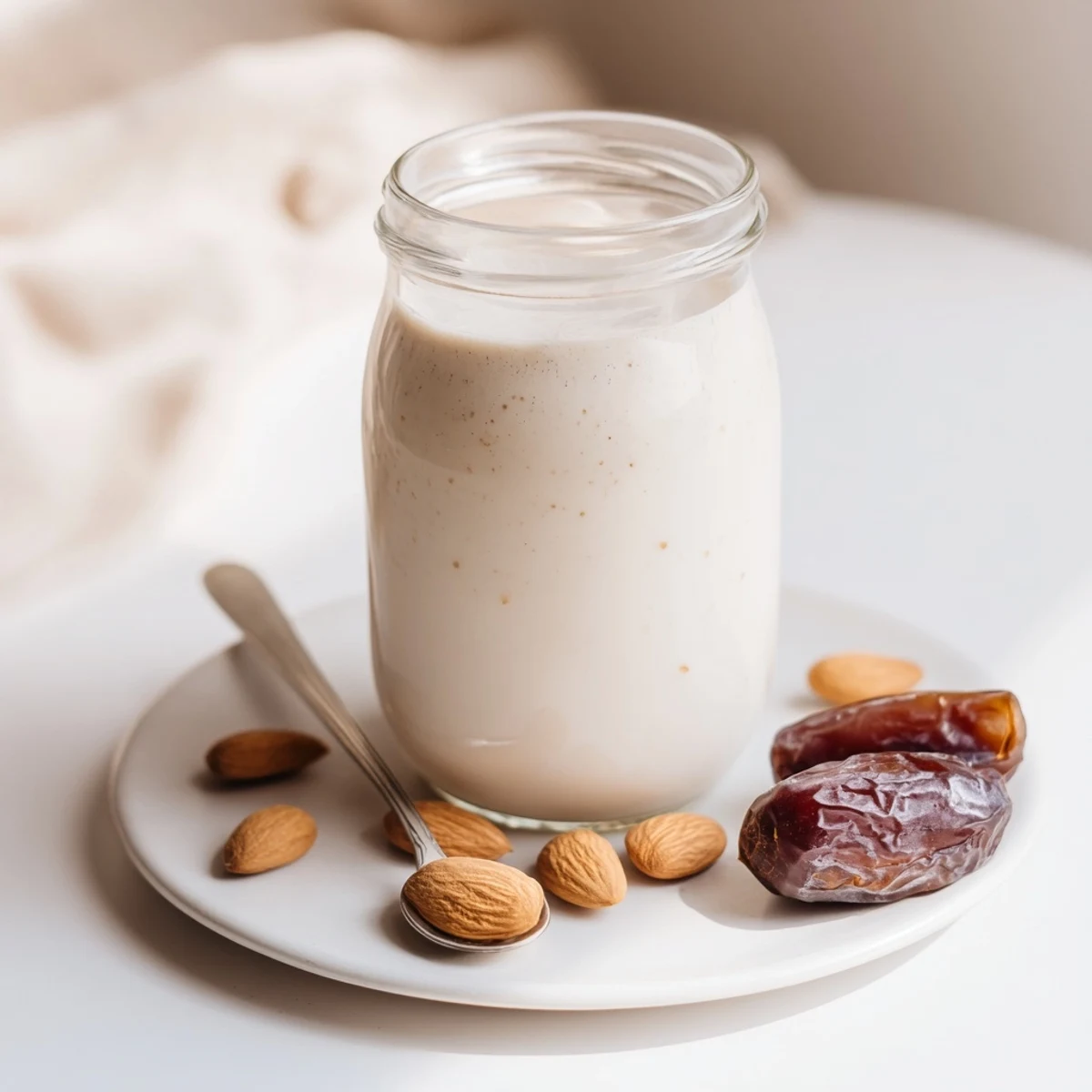 Silky almond milk splashing into coffee mug, subtle sweetness from dates.