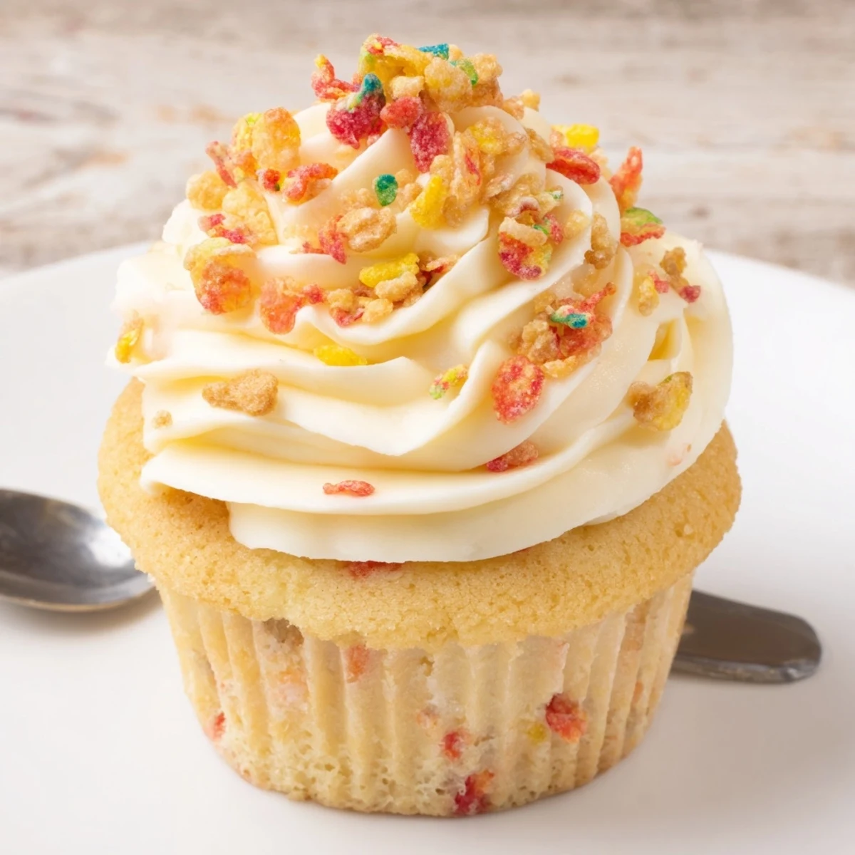 Fruity Pebbles Cereal Frosting piped on cupcakes, colorful crunchy cereal garnish