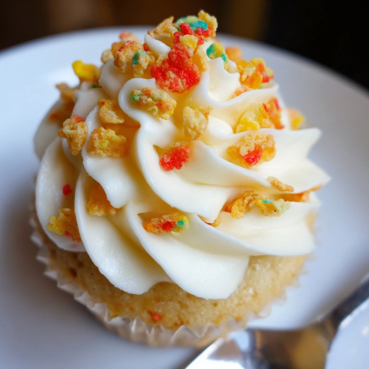 Bright Fruity Pebbles Cereal Frosting topping vanilla cake, crunchy colorful bites