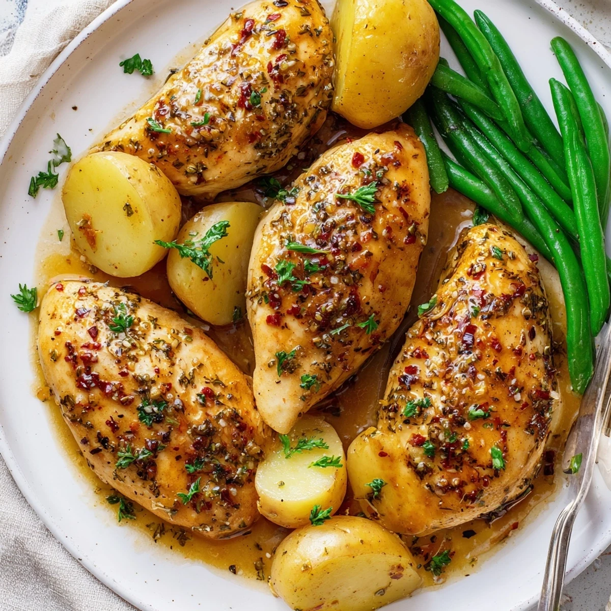 Slow Cooker Chicken And Potatoes With Green Beans steaming in savory herb broth