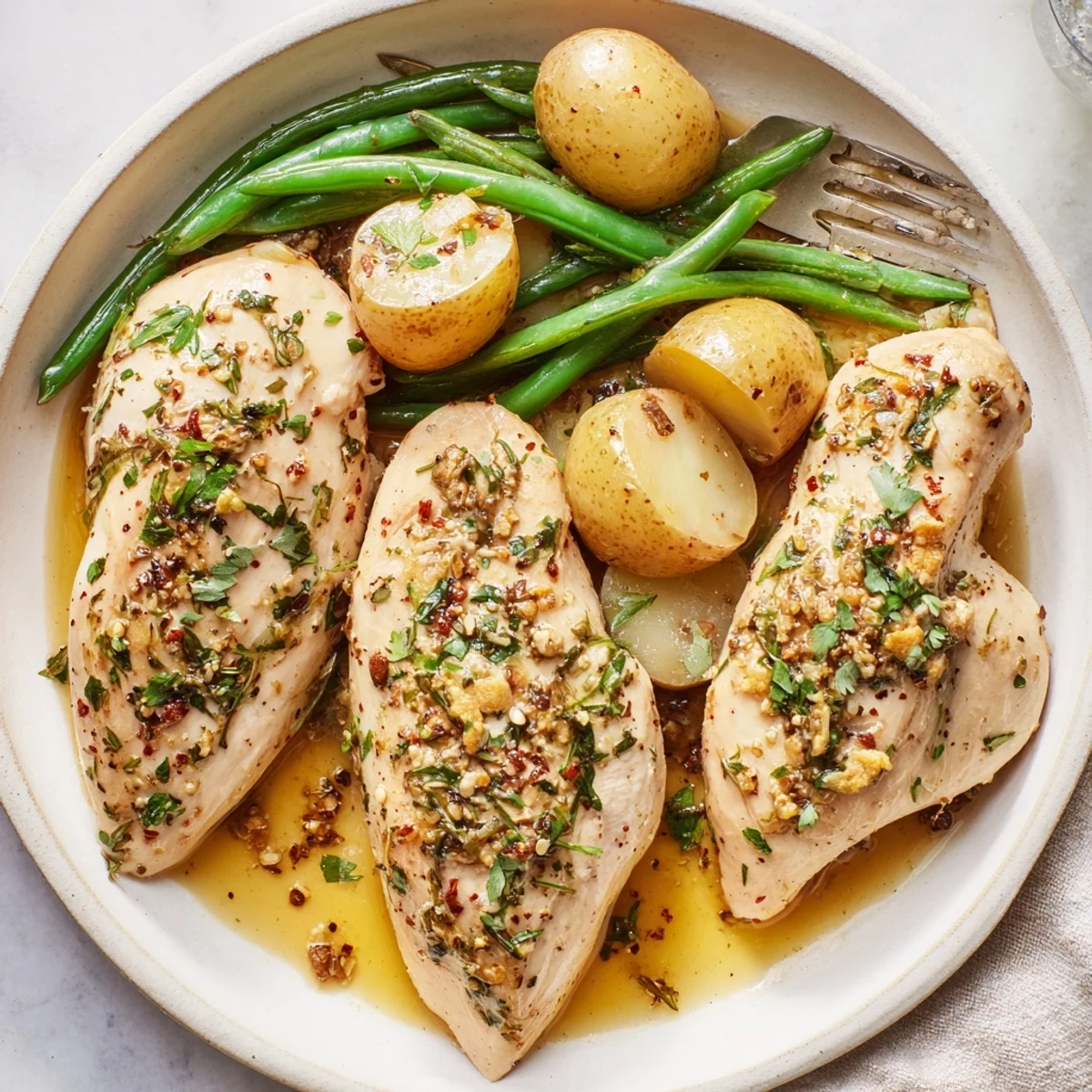 Slow Cooker Chicken And Potatoes With Green Beans served with bright lemon wedges