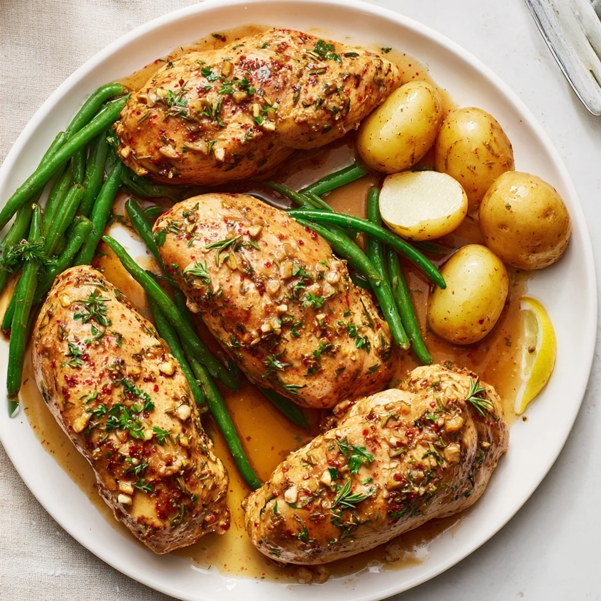 Slow Cooker Chicken And Potatoes With Green Beans garnished with parsley, fork ready