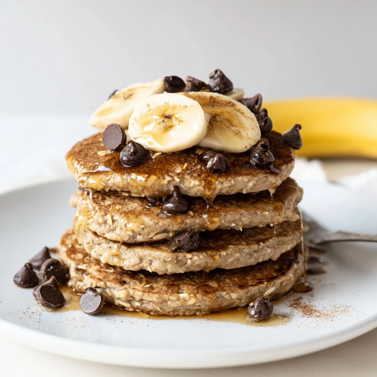 Protein Banana Pancakes stacked, golden edges, warm syrup dripping, sliced banana garnish