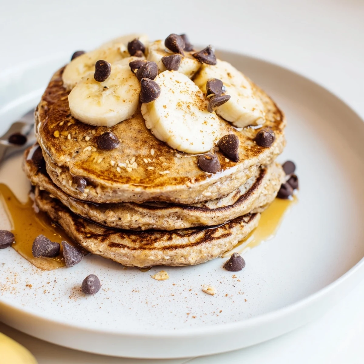 Plate of Protein Banana Pancakes topped with maple syrup and sliced berries